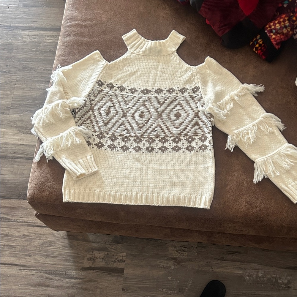 Elegant Cream and Brown Patterned Turtleneck Sweater